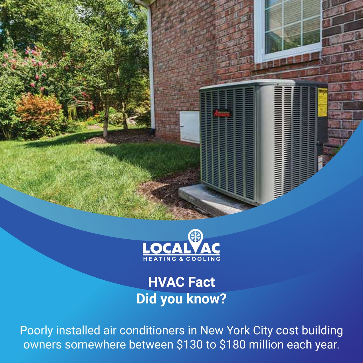 TheLocalAC's tweet image. HVAC Fact

Did you know?
Poorly installed air conditioners in New York City cost building owners somewhere between $130 to $180 million each year.
Explore more at- local-ac.com

#hvac #hvaclife #airconditioning #hvactechnician #hvacservice #hvactech #heating
