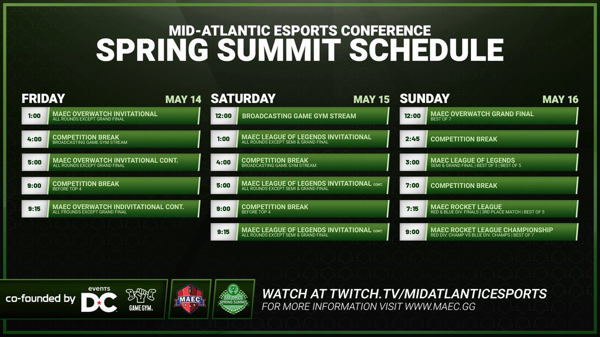 Welcome to Day 1 of Spring Summit 2021!! 🙌

We'll have two streams going ALL weekend long! Up first for today:

🎮 1 PM ET - #MAEC Overwatch will lead off tournaments over on twitch.tv/MidAtlanticEsp…

🎙️ 4 PM ET - #SpringSummit2021 Kick off Show will be on twitch.tv/gamegymesports