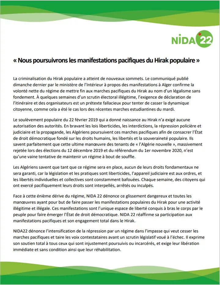 AgateSoraya's tweet photo. #NIDA22 appelle à la poursuite des manifestations pacifiques du #Hirak populaire en #Algerie.
#liberez_les_detenus_dopinion #V117. https://t.co/c3OoR9z11U