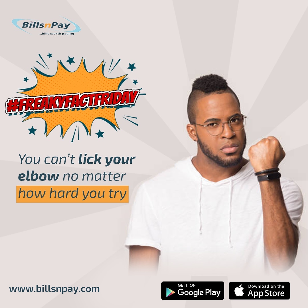 BillsnPayNg's tweet photo. Hey, stop trying to do it. We said it is impossible.
You don’t believe us? Have a go.
#FreakyFactFriday #TGIF #BillsnPay https://t.co/nyB8NgjOdK
