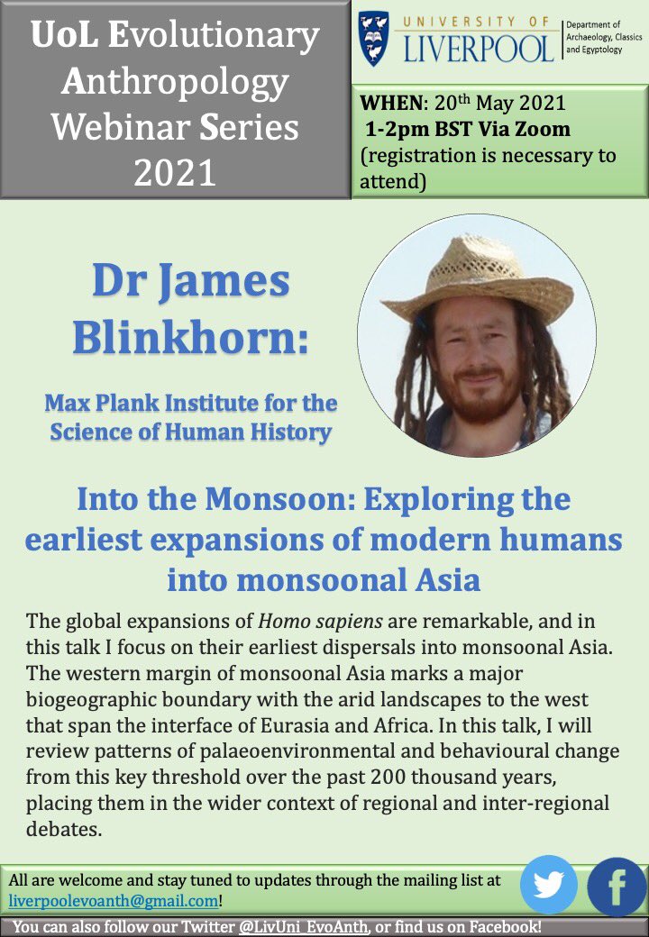 Next Thursday (20/05) at 1-2pm we will host Dr James Blinkhorn <a href="/palaeolicious/">Jimbob Blinkhorn</a> of Max Planck Institute for the Science of Human History @MPI_SHH on:

Into the Monsoon: Exploring the earliest expansions of modern humans into monsoonal Asia

Register here: liverpool-ac-uk.zoom.us/meeting/regist…
