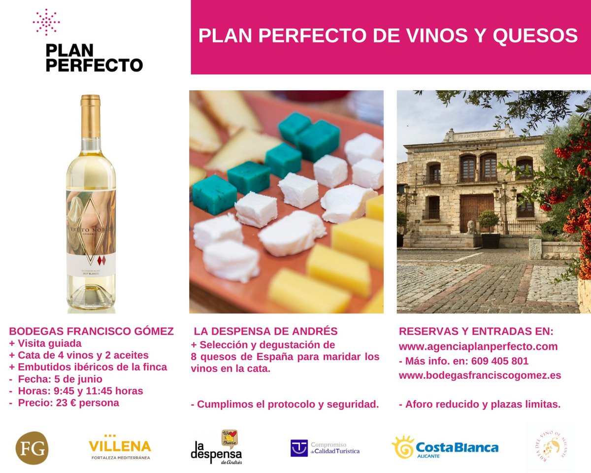 Te proponemos plan con <a href="/A_PlanPerfecto/">Agencia PlanPerfecto</a> y <a href="/Despensa_Andres/">La Despensa Andrés</a> 🥳

Apunta: 
📍5 de Junio en <a href="/BodegasFG/">Bodegas Francisco Gómez</a> 
🍇visita guiada por viñedos y bodega
🍷 cata de 4 vinos, 2 aoves y embutidos ibéricos
🧀degustación de 8 quesos nacionales 

Reservas en: agenciaplanperfecto.com/producto/plan-…

¡Plazas limitadas!