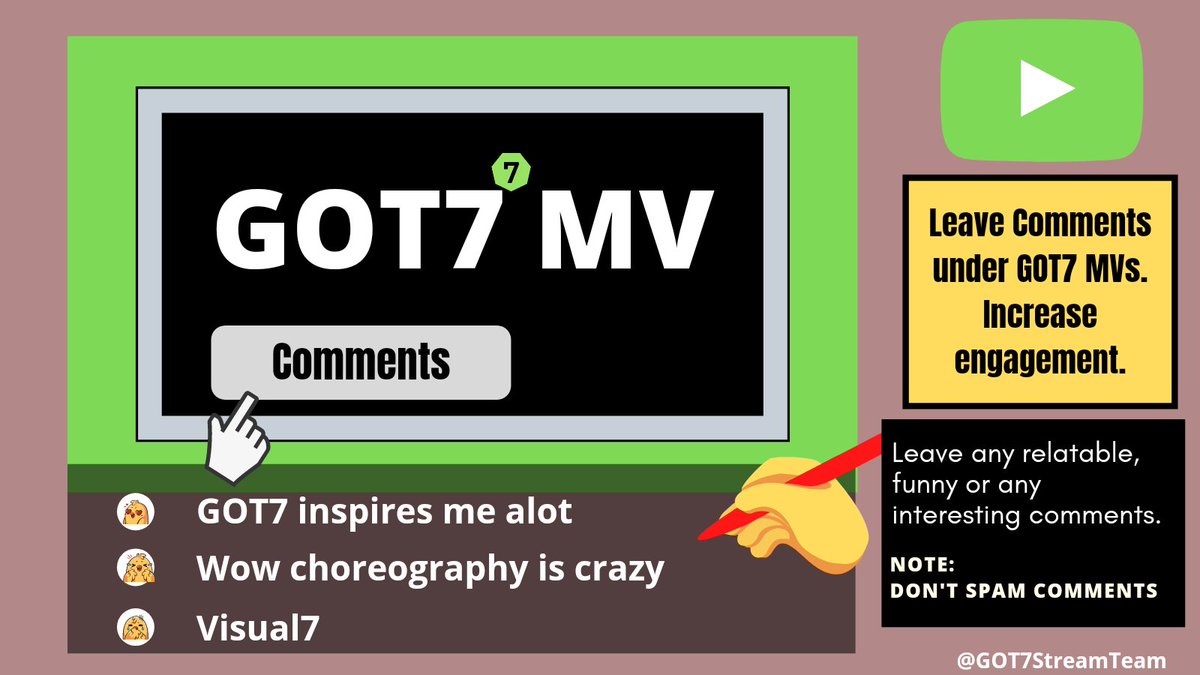 GOT7StreamTeam's tweet photo. [NOTE]

Please try to leave comments and engage in comment section frequently

Warning: Commenting is fine but don't spam the comment section. Just leave any 3 to 4 comments whenever you visit the MV

Please do it with #SWITHITUP if we get a MV

#JAYB @JAYBDEF___ @GOT7Official https://t.co/jctlzBKOnr