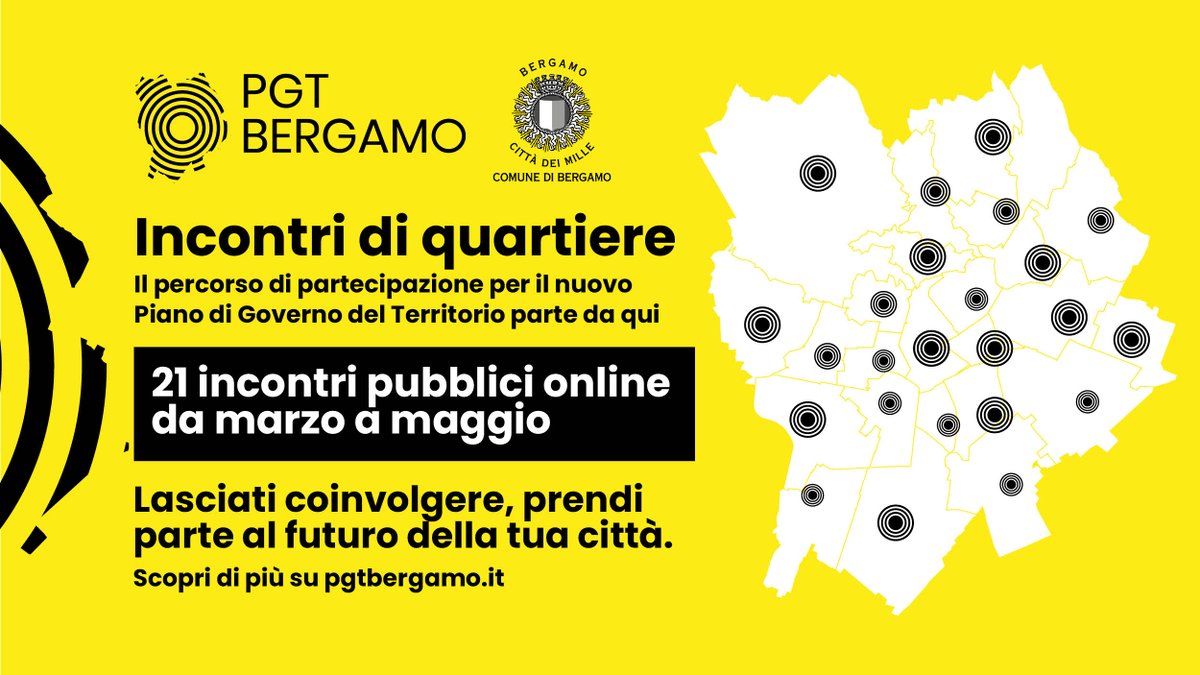 Prosegue la nostra collaborazione con il <a href="/ComunediBergamo/">Comune di Bergamo</a> per accompagnare con un percorso di partecipazione la redazione del nuovo Piano di Governo del Territorio (PGT).
Il 18, 19 e 20 maggio ci saranno gli ultimi 3 incontri pubblici di quartiere! bit.ly/39alxAj