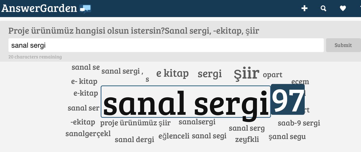 Öğrencilerimiz, Answergarden ile oluşturduğumuz beyin fırtınası çalışmasıyla proje final ürünümüzü seçtiler. Öğrencilerimizin aktif katılımlarının olduğu bu çalışmamızda 97 oyla en fazla oyu alan çalışma Sanal Sergi olmuştur.