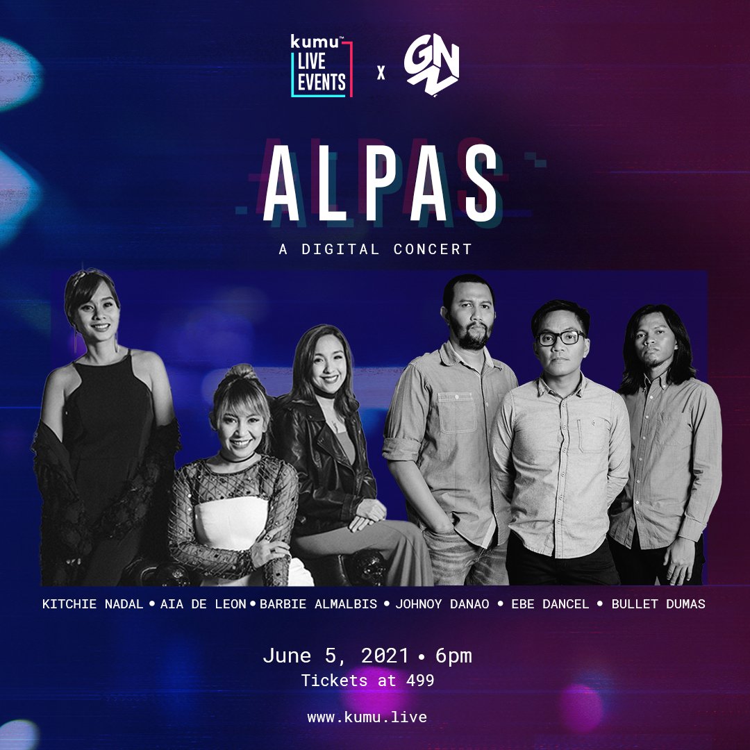Handa ka na? ALPAS: A Digital Concert featuring <a href="/KitchieNadal/">Kitchie Nadal</a>, <a href="/AiadeLeon/">Aia de Leon</a>, <a href="/barbiealmalbis/">Barbie Almalbis</a>, <a href="/ebedancel/">Ebe Dancel</a>, <a href="/johnoydanao/">johnoy danao</a> and <a href="/bulletdumas/">Bullet Dumas</a> is on #kumuliveevents, June 5, 2021.
kumu.live
#ALPASPh #KUMUxGNN