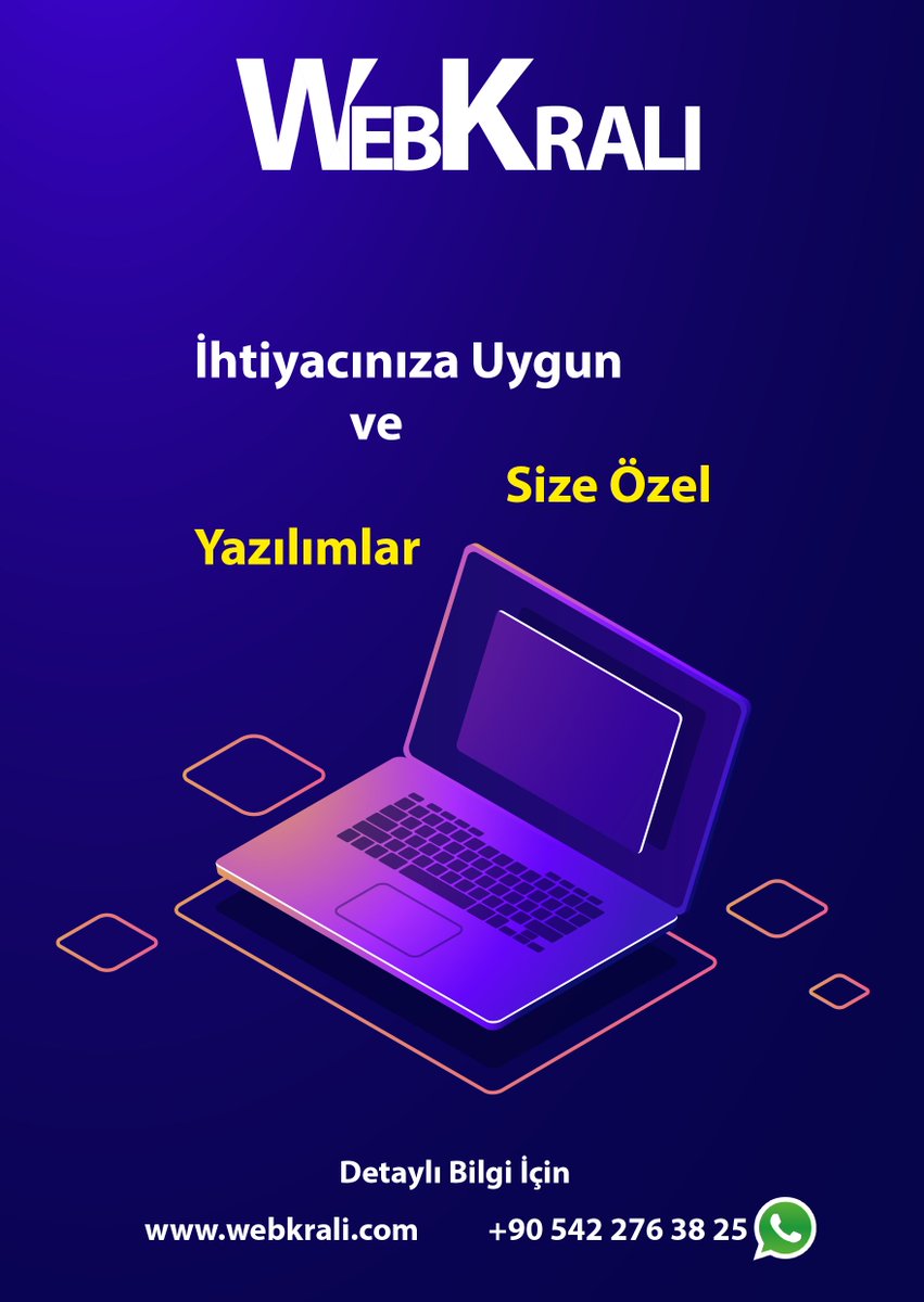 İhtiyacınıza Uygun yazılımlar ile işletmenizde çalışmayı kolaylaştırın. Daha fazla detay için 
webkrali.com
+90 542 276 38 25

#website #software #softwarecompany #yazilim  #ofisyazilimi #programlama