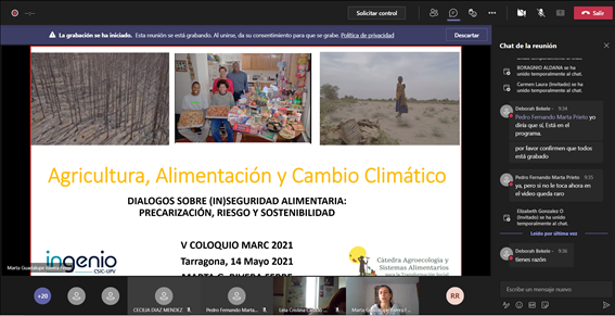 En el V Coloquio MARC 2021, Dialogos sobre (in)seguridad alimentaria: Precarización, riesgo y sostenibilidad. 
Escuchando atentantamente a Marta Rivera