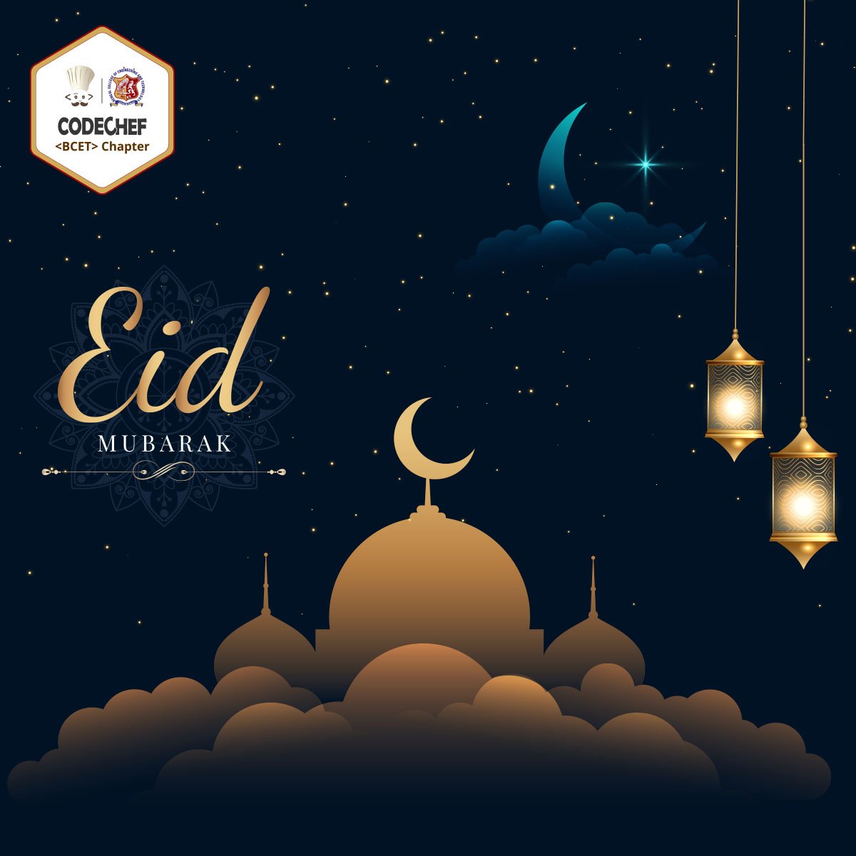 CodeChefBCET's tweet image. CodeChef BCET Chapter warmly wishes you all, a very blissful Eid. May this auspicious occasion brings a lot of Happiness, Joy, Peace, and Prosperity to you and your family.
Stay Home🏠, Stay Safe💪, Keep coding✌️
#CodeChef #EidMubarak 
#collegechapter