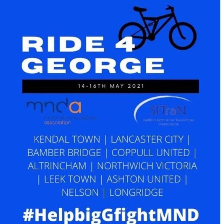 PhilB1883's tweet photo. It starts TODAY #charity bike ride in aid of @GeorgeMelling5 starts from @kendaltownfc at 10 am and then visits each of his other clubs.  
@ashballs25 @markfell17 and others are taking part to raise much needed money for @mndassoc HUGE effort deserves HUGE support https://t.co/KszuJUEugC