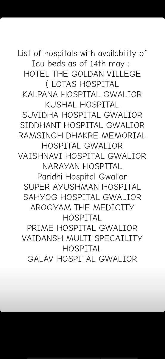HelpCommunity10's tweet photo. #ICUBeds availability in #Gwalior as of 14/05/2021 https://t.co/PUNi9RN78p