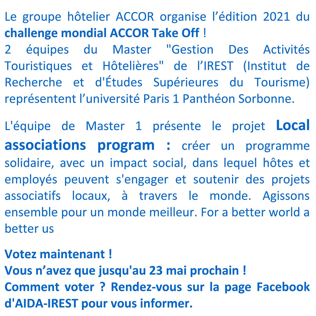IRESTParis1's tweet image. 3 étudiantes @IRESTParis1 @SorbonneParis1 (1ère année de Master GATH) participent à ,@Accor Take Off! Challenge 2021 #TakeoffChallenge
Leur projet &quot;Local associations program&quot;;
Votez pour leur projet :
accor.agorize.com/juries/gUZiadQ…