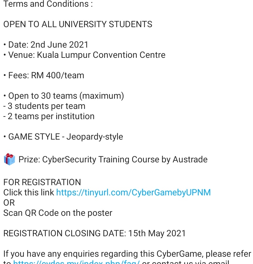 zeifan's tweet image. Received from friend telling me that the CTF for students are required to pay RM400 which is makes no sense for student. There's plenty of companies out there that can help to sponsor. This is unacceptable, there's no difference between gambling. Care to explain @NACSAmalaysia?
