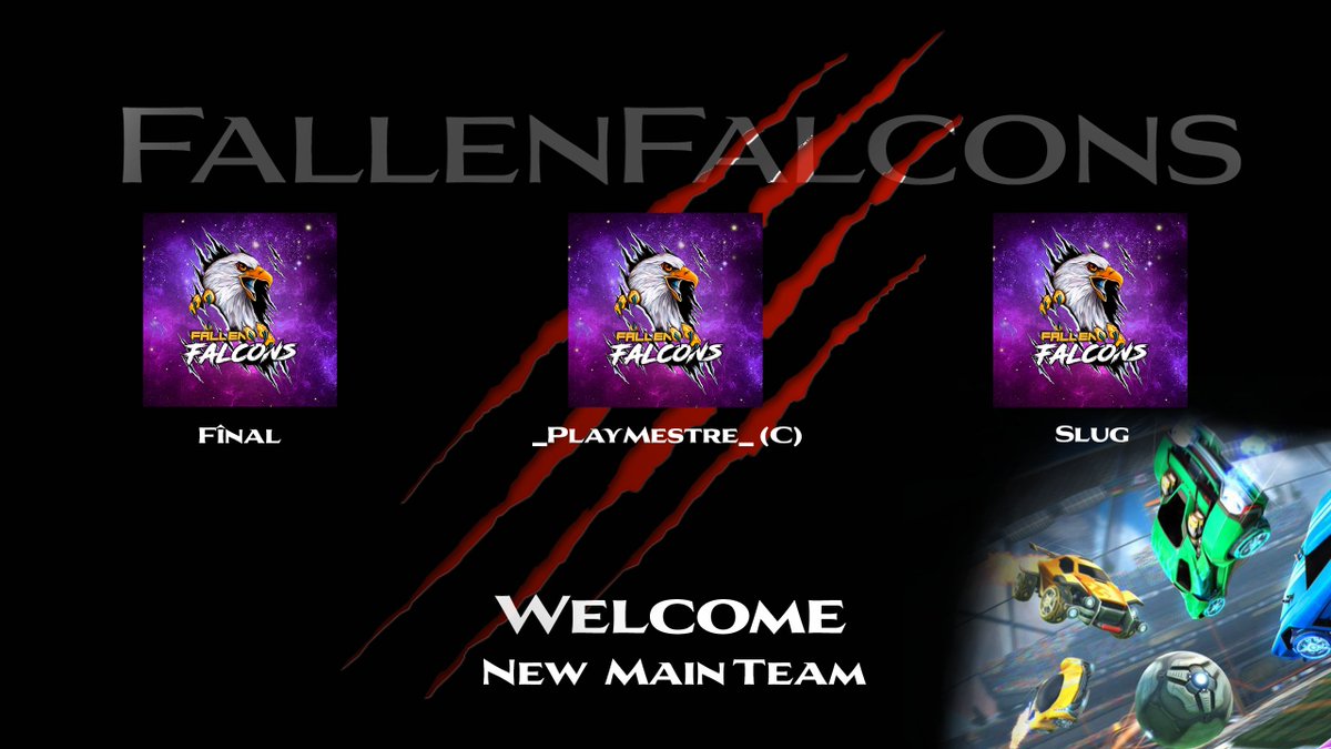 Das sind unsere neuen Main Team Spieler für Rocket League: 
Spieler: Fînal, Slug
Spieler/Captain: _PlayMestre_

Auf eine gute Zusammenarbeit
#FallenFalcons #RocketLeague #Esports #MainTeam