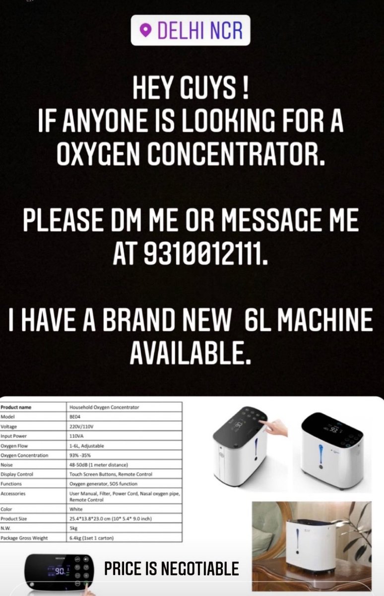 mehakk25's tweet photo. VERIFIED DELHI NCR: If anyone needs an oxygen concentrator 
contact: 09310012111

#DelhiNCR #OxygenConcentrator #DelhiCovid https://t.co/taXXjydZcR