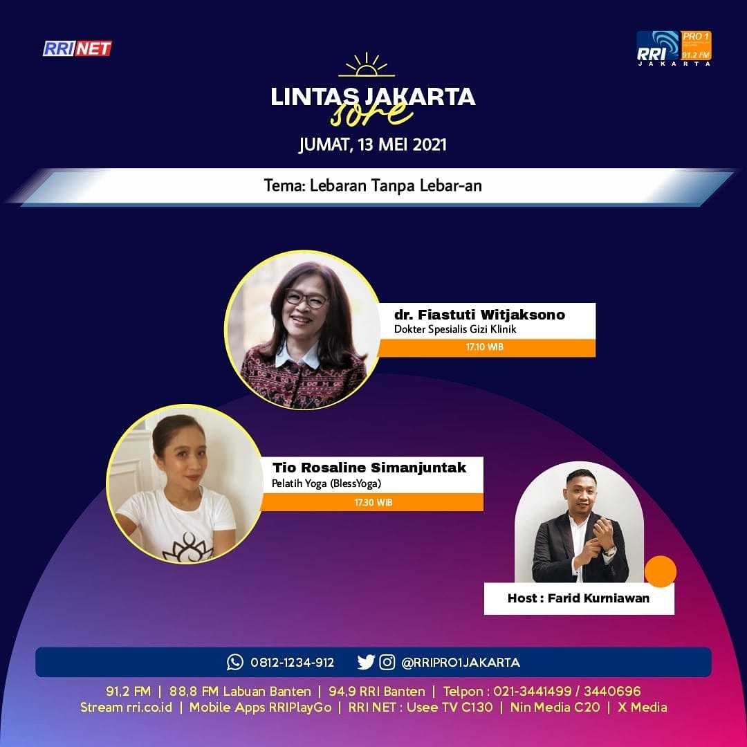 Selamat sore! Eid Mubarak yaa... Pasti santapannya meriah nih. Sore ini kita bakal bahas Lebaran Tanpa Lebar-an. Duh, tiap habis lebaran pasti timbangan naik. Gimana sih caranya biar ga lebar-an? Anda bisa bergabung melalui WA 085217566952 atau tlp di 021-3440696. Stay healthy!