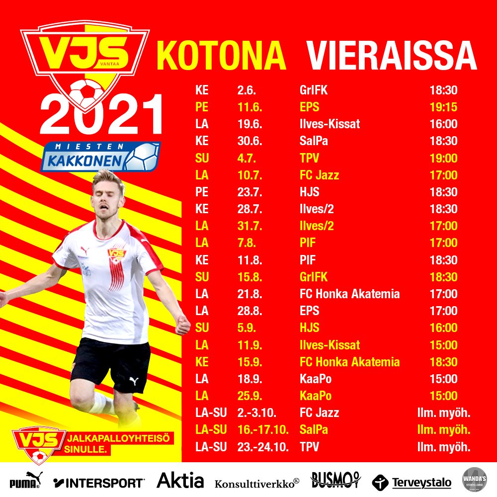 Viimeisin versio @MiestenK otteluohjelmasta on julkistettu! Kausi starttaa 2.6. vierasottelulla vs <a href="/GreenIFK/">GrIFK Fotboll</a>. Ensimmäinen kotiottelu pelataan 11.6. kun <a href="/EPSFootball/">Espoon Palloseura</a> saapuu vierailulle Myrtsiin 🏟 

Laitahan siis kausarihommat kuntoon vjs.fi/2021/02/19/han…

#länsivantaanylpeys