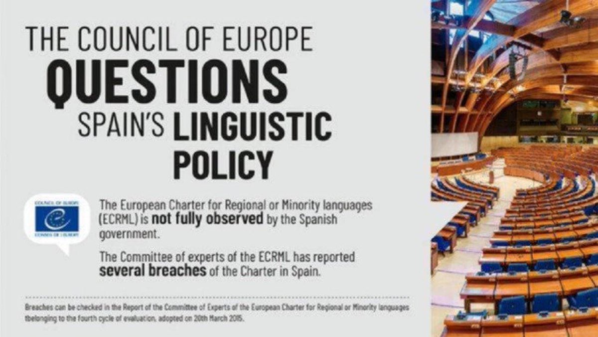 The Council of Europe questions Spain's linguistic policy.

❌ The European Charter for Regional or Minority languages (ECRML) is not fully observed by the Spanish government.
@llenguacatEU