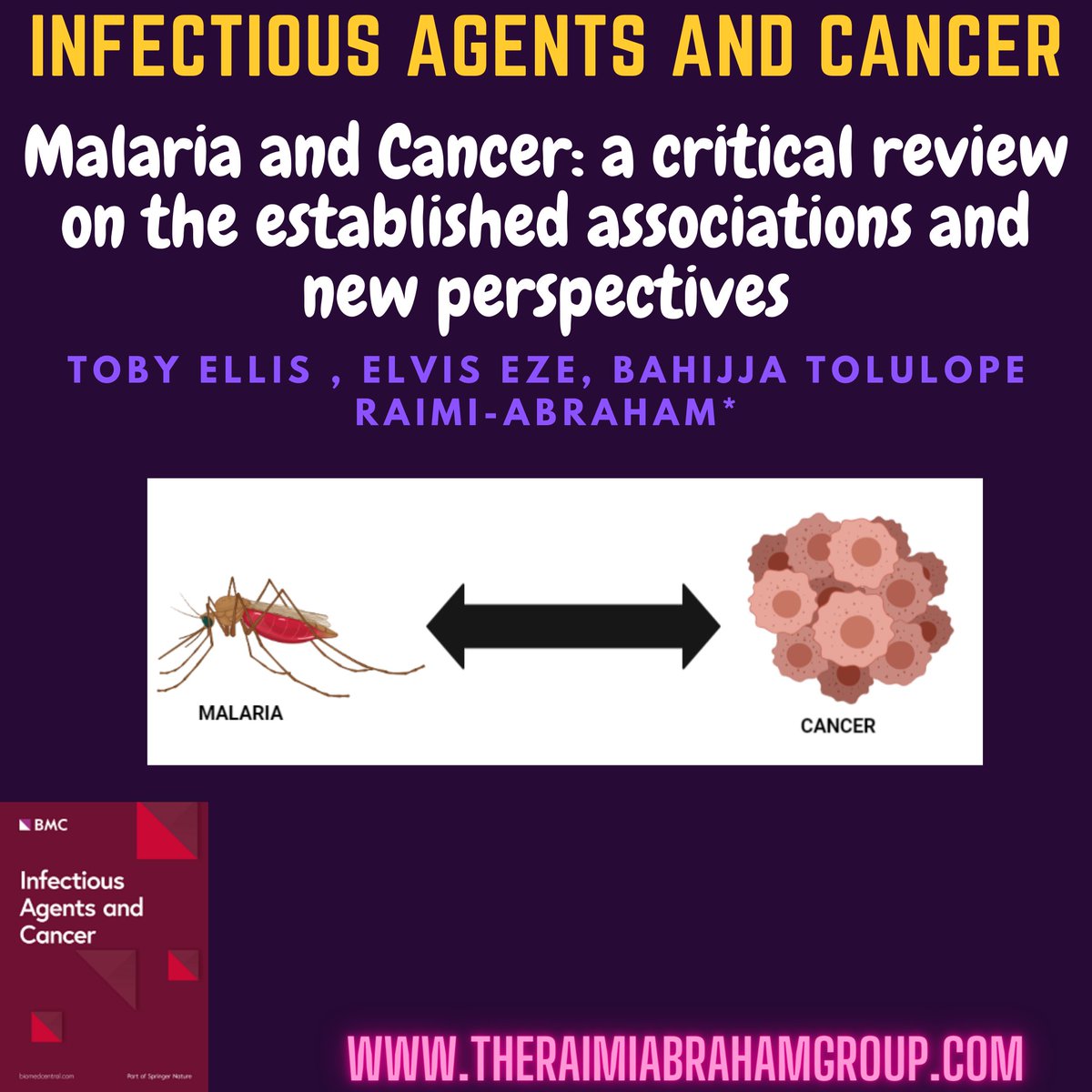 RaimiAbrahamGrp's tweet photo. ๐จNew #Publication ๐จ " #Malaria and #Cancer: a critical review on the established associations and new perspectives" Toby Ellis , @DrElvisEze & @DrBahijjaRaimiA @BioMedCentral #Infectiousagents & #Cancer #ScienceTwitter #AcademicTwitter @KCLcancer_pharm @KCL_Pharmacy #friday https://t.co/cEG0YxnB2q