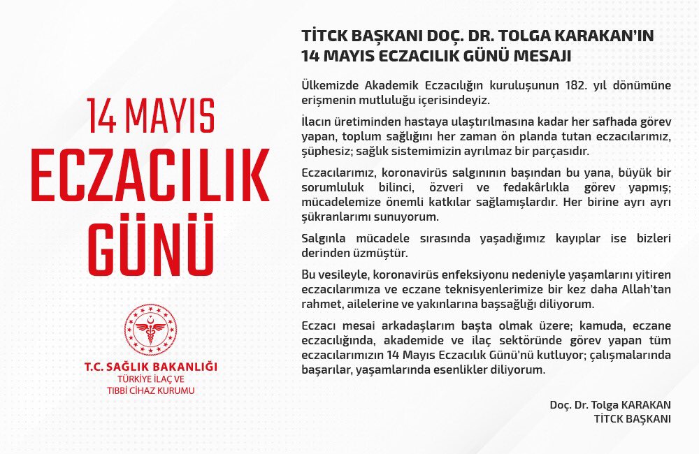 TİTCK Başkanı Doç. Dr. Tolga Karakan’ın #14MayısEczacılıkGünü Mesajı.