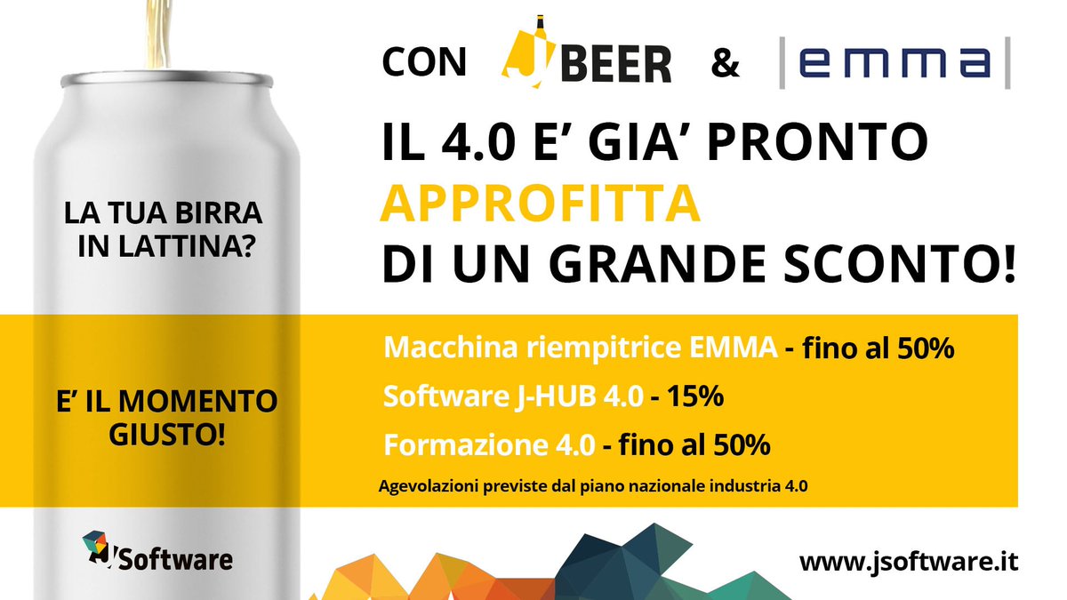 Amico birraio, la tua nuova riempitrice di lattine con il 50% di sconto grazie a J-BEER 🍺

Scopri i vantaggi del primo ERP dedicato al Birrificio Artigianale, che si connette al tuo impianto e ti fa cogliere tutte le agevolazioni del credito d’imposta 4.0!