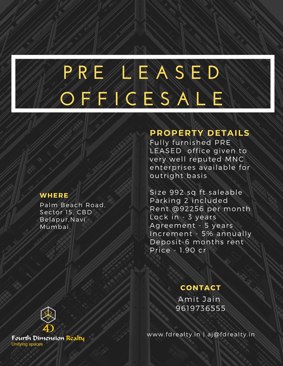 RealtyFd's tweet photo. Fully furnished #PRELEASED #office leased to reputed #MNC at #NaviMumbai
#realestate #forsale #property #investment #investor #dubai https://t.co/j6dzt6GSBz