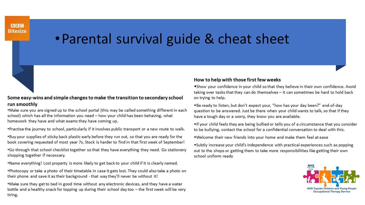 If you are concerned about your child transitioning, we have packs available with information on organisational skills, timetables and checklists, packing your bag, money management and functional tasks! All contact details are on our website; OTCYP.scot.nhs.uk