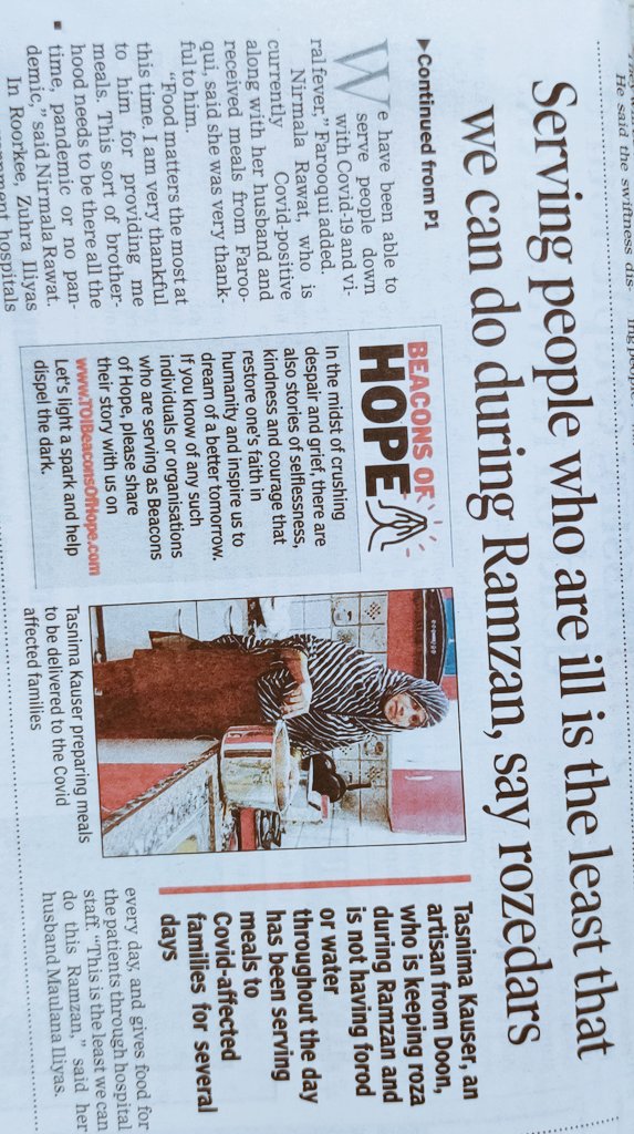 naman2307's tweet photo. Some of the headlines in today's #TOI 
"15 more died in hospital"
"Atleast 40% more bodies....."  
Amongst all these grim news i came across this article titled "Beacons of HOPE" acknowledging people who are doing their bit in these alarming times. 
Appreciate it. #TimesofIndia https://t.co/oUZO7t0kJZ