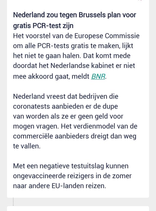 NL blokkeert gratis PCR-test in EU,
'om commerciele testaanbieders te beschermen' bnr.nl/nieuws/gezondh…

Zo maken ze wel ERG duidelijk dat ze commerciele belangen boven volksgezondheid stellen 🙄 #pcrtest #testmaatschappij