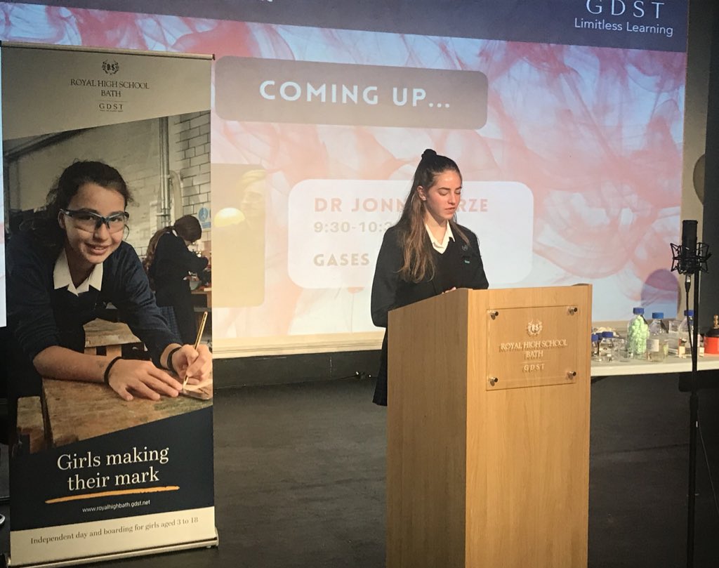 RoyalHighBath's tweet photo. A confident introduction to the start of our #GandTConference by Y10 student, Jess. First up is performance #chemist @FurzeJonny from @BristolChemLabS https://t.co/50NIlEupJV