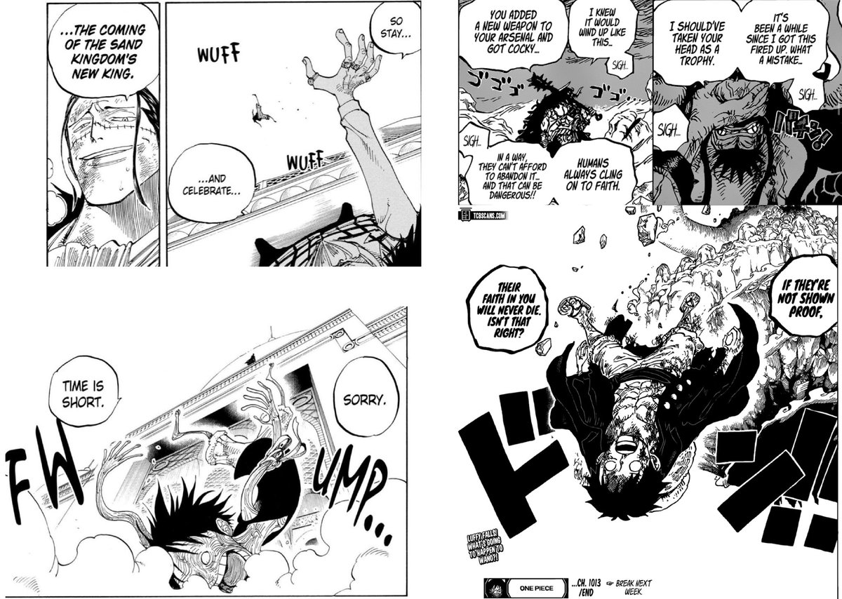 H Lone's tweet - "#OnePiece1013 ⚠️SPOILERS⚠️ . . . ~CROCODILE, first Warlord Luffy had to defeat. KAIDO, first Emperor Luffy has to defeat ~Round 1, They both one-shot Luffy ~R2, Luffy lands