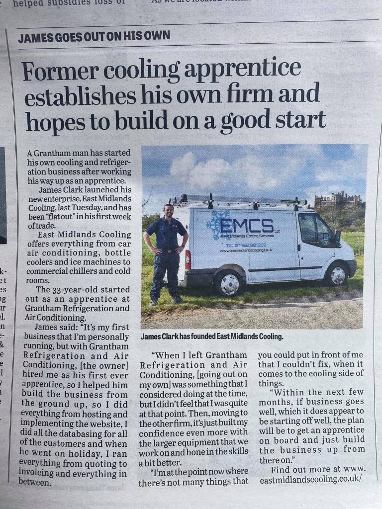 If you pick up a copy of the local <a href="/GranthamJournal/">Grantham Journal</a> newspaper this week, you’ll see our EMCS business startup article. Thank you again GJ!
#granthambusiness #airconditioning #refrigeration #startupbusiness #apprenticeships #grantham #eastmidlandsbusiness #lincolnshirebusiness