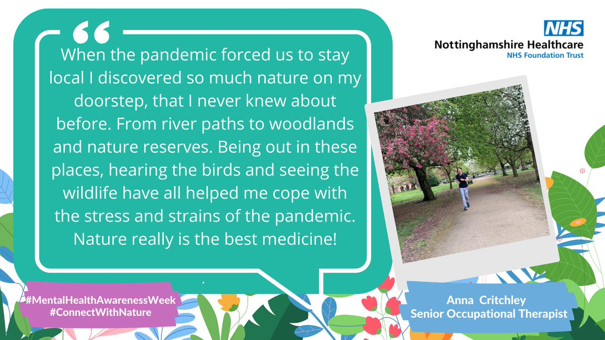 NottsHealthcare's tweet image. Senior Occupational Therapist Anna  Critchley says the pandemic meant she  discovered the nature on her doorstep. River paths to woodlands, it helped her cope with the stress and strains of the pandemic. 'Nature really is the best medicine'
#MentalHealthAwarenessWeek