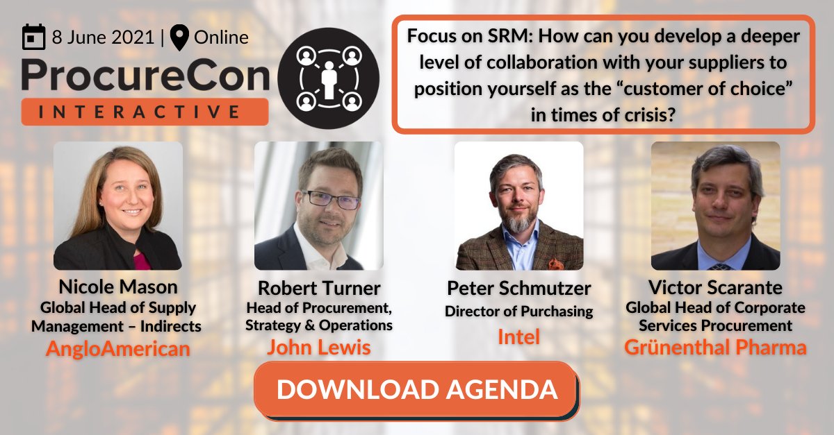Don't miss this #interactive roundtable with Nicole Mason, Rob Turner, Peter Schmutzer and Victor Scarante. Join them on June 8th in this interactive #virtual #event for #CPOs and #procurement executives.

Download the agenda here: bit.ly/3t46AaM
 #ProcureConInteractive