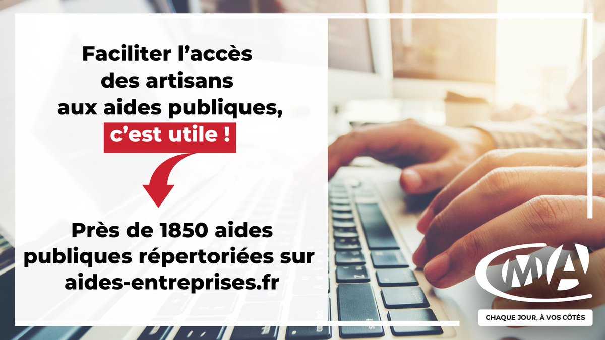📌Faciliter l’accès des artisans aux aides publiques, c’est utile ! 
➡️ Les #CMA mettent à disposition des entreprises artisanales le site aides-entreprises.fr, la base de données de référence des financements publics et une réelle simplification en faveur des entreprises 📲