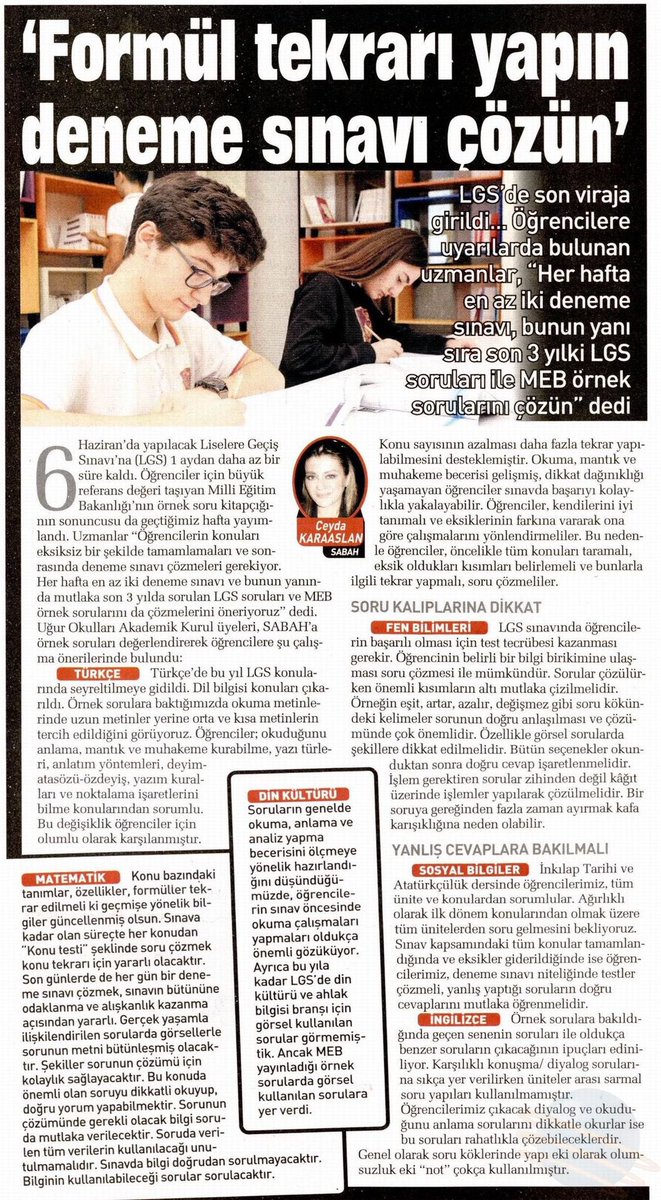 Uğur Okulları Akademik Kurul Üyeleri, #LGS örnek sorularını @Sabah’a değerlendirerek öğrencilere önerilerde bulundu.

👉🏻 sabah.com.tr/egitim/2021/05…