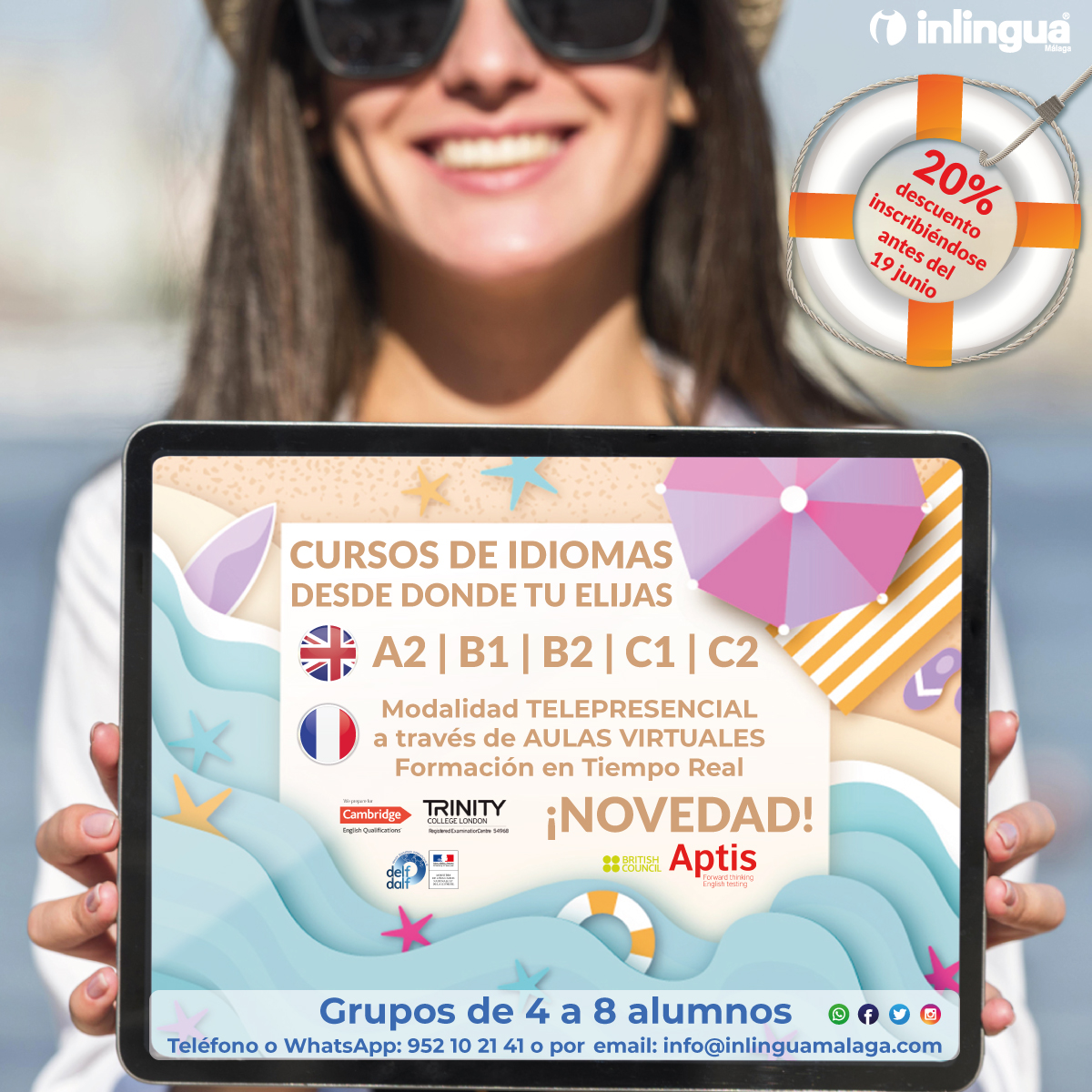 Inlinguamalaga's tweet photo. ¡ESTE VERANO! 🏖 #CURSOSDEIDIOMAS DESDE DONDE TU ELIJAS 🇬🇧🇫🇷 A2 | B1 | B2 | C1 | C2 Modalidad TELEPRESENCIAL AULAS VIRTUALES 👩‍💻🧑‍💻 Formación en Tiempo Real, Grupos de 4 a 8 alumnos
¡NOVEDAD! APTIS 📱 Teléfono o WhatsApp: 952 10 21 41 o por 📧 email: info@inlinguamalaga.com https://t.co/wPzkBNQSwG
