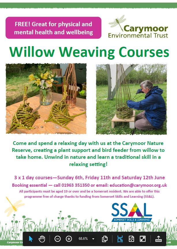 SomersetMHN's tweet photo. Fancy getting outdoors and learning a new skill? Then take a look at these FREE courses on offer at @Carymoor. Call 01963 351350 or email neil.gemmell@carymoor.org.uk to book. https://t.co/5w30jMCRQI