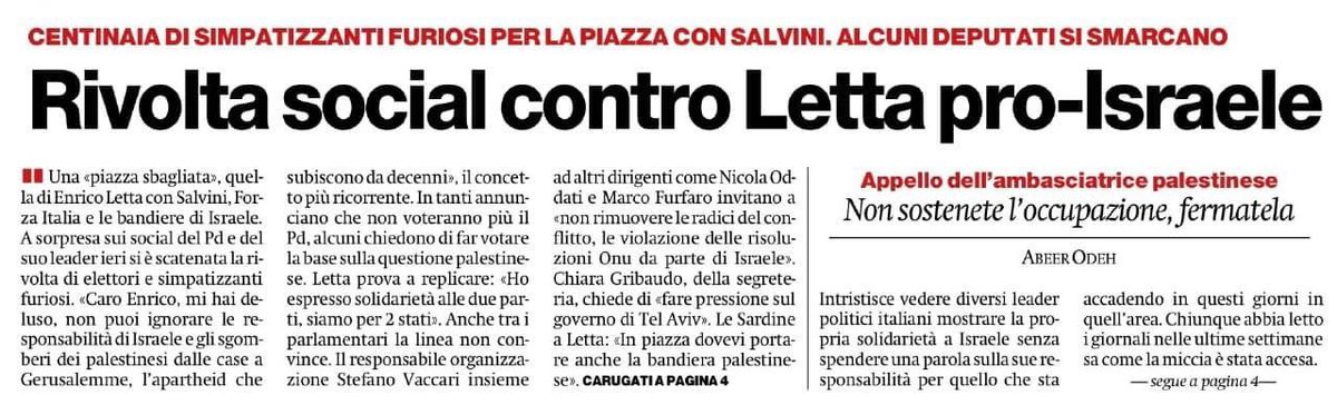 🙅‍♀️Brutto esordio per #Letta: contestato duramente sui social dalla base non solo per la manifestazione a favore della destra militarista di Netanyahu, ma anche per non aver considerato l’opinione del suo elettorato. 
Con questa strategia è chiaro chi vincerà le prossime elezioni.