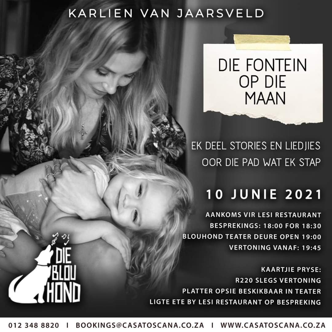 Maak seker jy kry jou kaartjie vir hierdie intieme show van <a href="/KarlienVanJ/">KarlienvanJaarsveld</a> by <a href="/DieBlouHondTuis/">Die Blou Hond</a> Hierdie gaan n baie spesiale vertoning wees en julle gaan Karlien persoonlik beter leer ken.