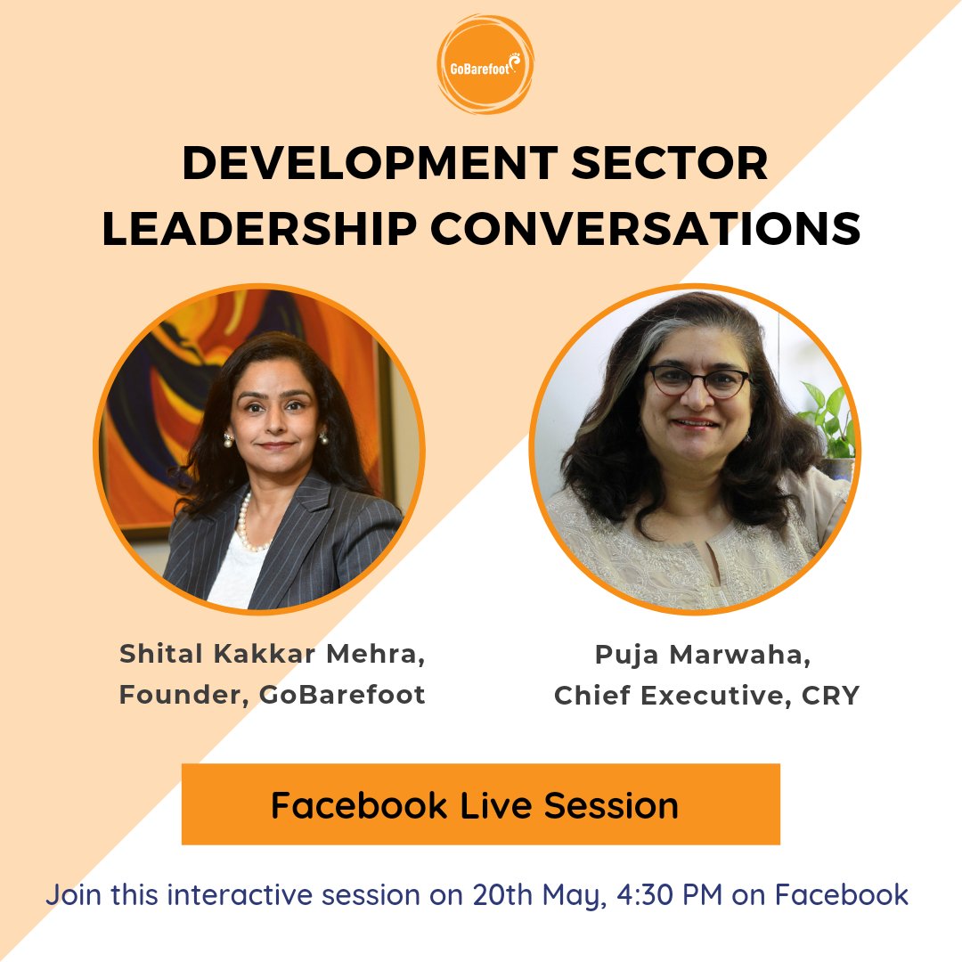 Development Sector #Leadership Conversations with Puja Marwaha, Chief Executive, @CRYINDIA with host @ShitalKMehra Join us LIVE on Facebook on Thursday, May 20, 2021 at 4:30pm 👇 fb.me/e/1n45cYVkt @gobarefoot_co