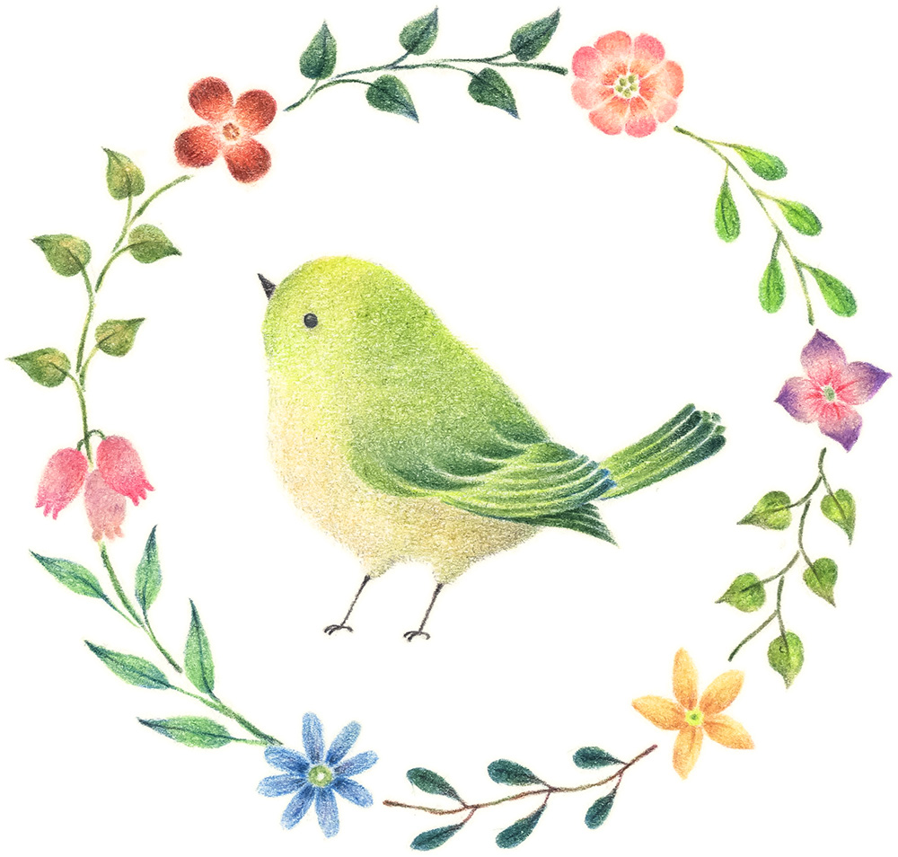 ট ইট র アトリエ リリ 絵と絵本と紙雑貨 緑色の小鳥と花の輪 ちいさな羽を 大きくのばして 尾っぽをふって ピヨッとほっこり ひとやすみ 絵本の種 絵本 イラスト 鳥