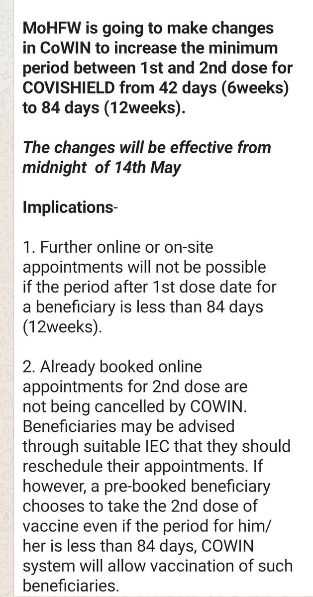 DM_Bhadrak's tweet photo. The Govt of India has now changed the minimum period between 1st and 2nd dose for #COVISHIELD vaccine from 42 days (6wks) to 84 days (12wks).
The changes will be effective from midnight of 14th May.
Rquest all to reschedule the online appointment if already booked for 2nd dose. https://t.co/Xm6qo6xYEN