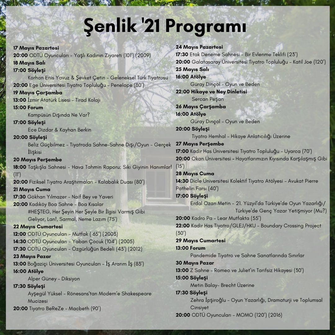 ODTÜ Tiyatro Şenliği 17-30 Mayıs tarihleri arasında online platformlarda seyircisiyle kavuşmayı bekliyor!

*Tüm etkinlikler online gerçekleşecek ve linklerine Instagram, Facebook, Twitter hesaplarımızdan erişilebilecektir.