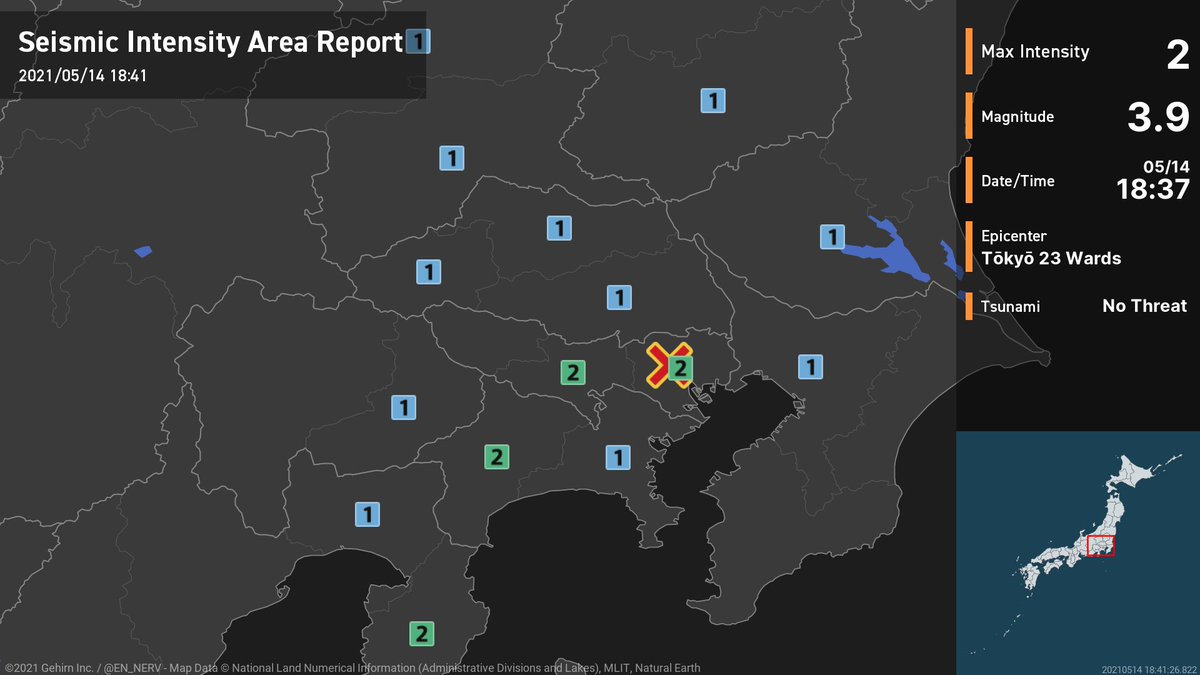 EN_NERV's tweet photo. Earthquake Detailed Report β 5/14
At around 6:37pm, an earthquake with a magnitude of 3.9 occurred in the TΕkyΕ 23 Wards at a depth of 70km. The maximum intensity was 2. There is no threat of a tsunami. #earthquake https://t.co/iUx5dQ1sy6