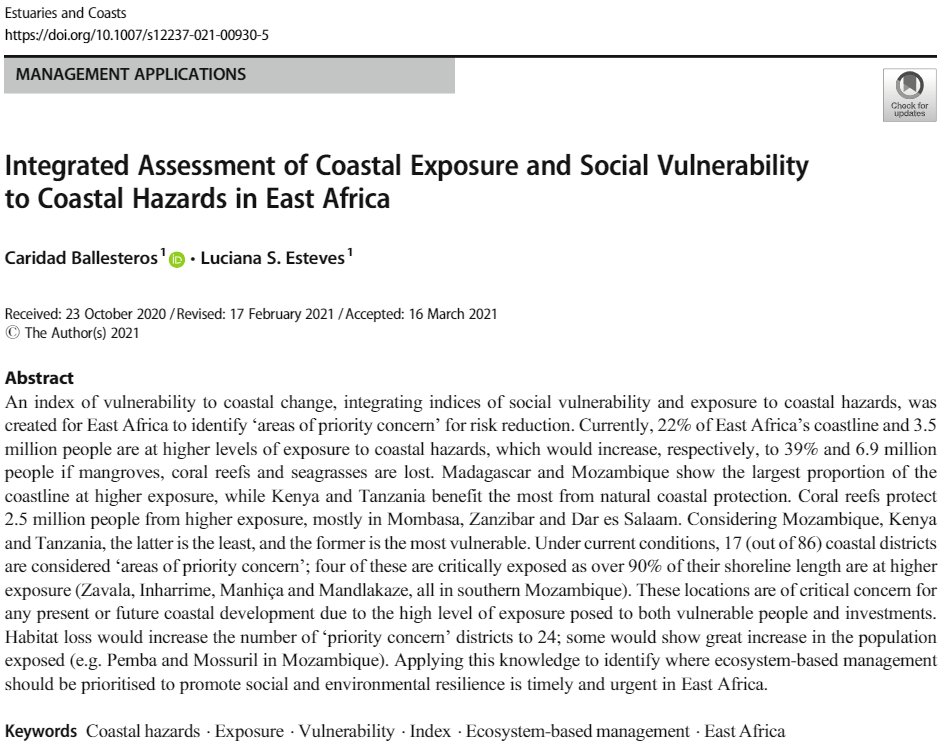 <a href="/wiomsa/">WIOMSA</a> <a href="/rftdnetwork/">Rising from the Depths</a> 🙌So glad 🙂 to see this work with <a href="/CariBallesteros/">Cari Ballesteros</a> published <a href="/SpringerNature/">Springer Nature</a>. We show the key role of #coastal habitats in reducing exposure to coastal hazards 🌊in East #Africa, particularly #Kenya and #Tanzania.   rdcu.be/ckAUq