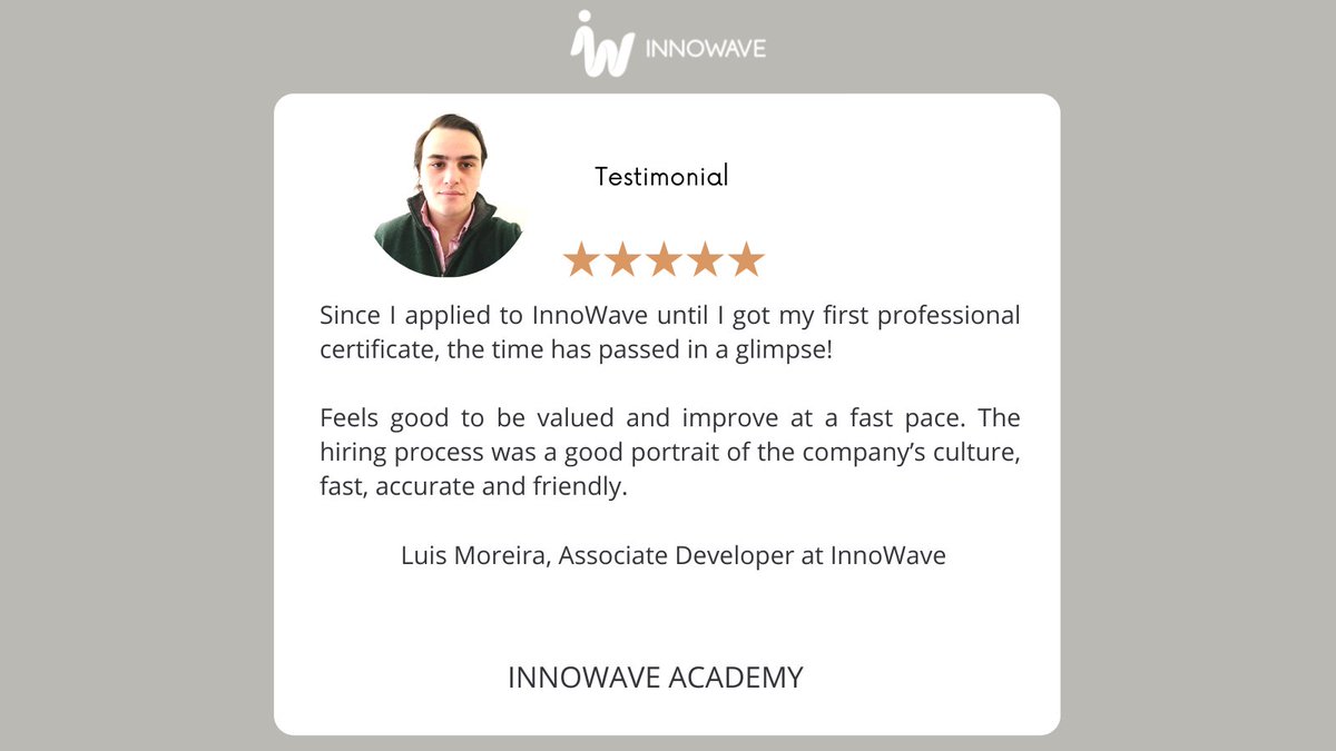 InnowaveT's tweet image. New Talent - Luis Moreira's feedback : "Feels good to be valued and improve at a fast pace. The hiring process was a good portrait of the company’s culture, fast, accurate and friendly." 
Thank you Luis for your precious feedback!

#innowave #innowavetalent