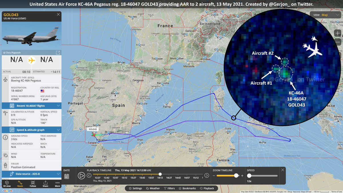 Gerjon_'s tweet photo. United States Air Force KC-46A Pegasus ๐บ๐ธ18-46047 as #GOLD43 providing aerial refueling to 2 further unidentified aircraft over the Mediterranean between ๐ฎ๐น#Sardinia and ๐ฎ๐น#Sicily, spotted on yesterday's๐ฐ๏ธSentinel-2 satellite imagery. https://t.co/1THKj05CZF