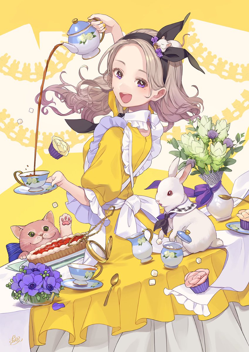1girl teapot flower teacup dress cup smile  illustration images
