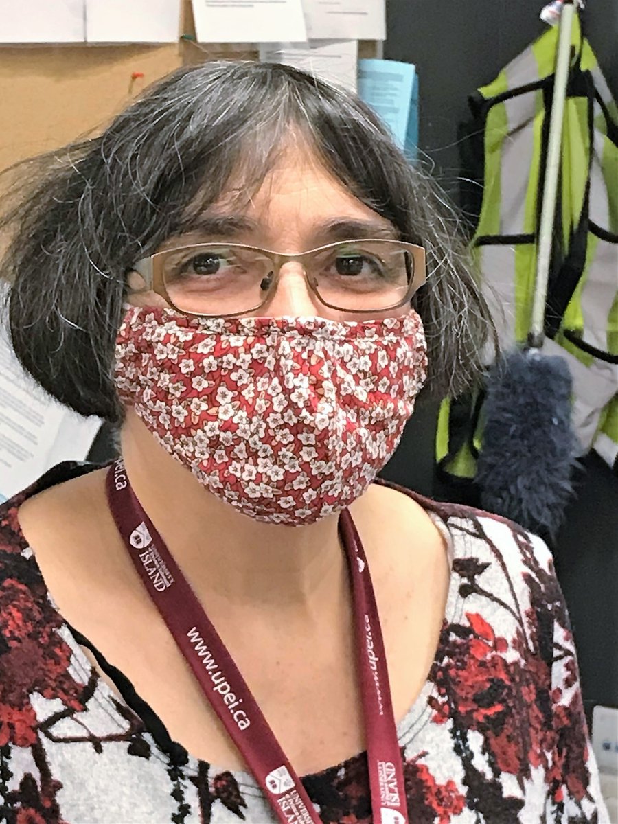 UPEILibrary's tweet photo. Service Desk staff says: Be safe, wear a mask! 
#UPEI #RobertsonLibrary #MoreThanJustBooks #FaceMasksRequired #MasqueRequis 
[Staff member in red mask, hi-vis vest in background] https://t.co/8aXx5HLKnO